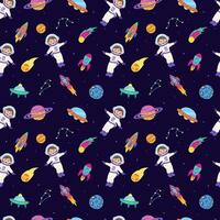 Space seamless pattern with space elements and children astronauts. vector