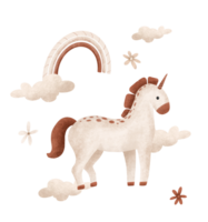 Poster with beige cartoon Unicorn with burgundy mane and clouds with rainbow and flower. Template postcard for text for Baby Party. Illustration horse scandinavian style on isolated background png