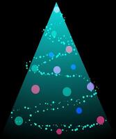 Abstract Christmas tree composed of spiraling green dots with colorful ornaments on a black background. Concept of minimalist holiday design. illustration vector