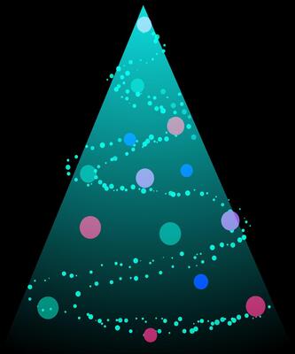 Abstract Christmas tree composed of spiraling green dots with colorful ornaments on a black background. Concept of minimalist holiday design. illustration