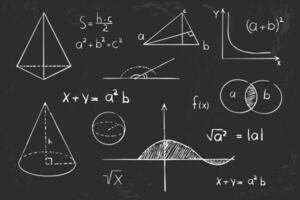Math geometry graph and shapes on blackboard background. Set science doodle hand drawn sketch elements. Study theory formula, calculations. vector