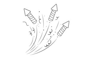 Fireworks and rocket, salute firecracker with burst, light and festive explosions in doodle style. Hand drawn sparks, firecracker on white background. Party, celebrations, event. vector