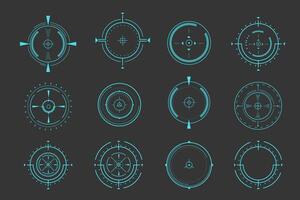 Hud aim pointer optical target, Futuristic focus range indicators, laser crosshair collimator sight. Measurement sniper for sniper gun. Game interface design ui element vector
