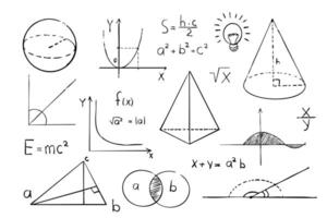 Math geometry graph and shapes on blackboard background. Set science doodle hand drawn sketch elements. Study theory formula, calculations. vector
