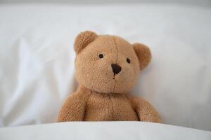 Brown teddy bear lying on a white pillow. Bear is partially covered by the pillow with only its head and front paws visible. Sleeping on a white pillow with a blanket. photo
