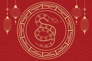 Elegant Year of Snake banner featuring a snake, lantern, and traditional patterns in bold colours vector