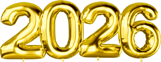 Happy New Year 2026 gold number balloons, for designing infographic posters new year, and Anniversary Celebrations, transparent background png