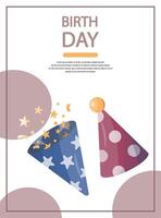 Birthday card design with festive hats and confetti on white background vector