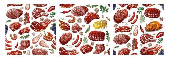 Hand-drawn seamless meat dishes pattern with colorful culinary elements vector
