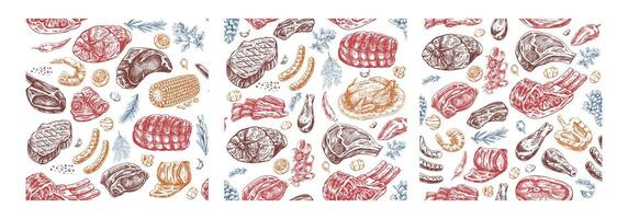 Seamless hand-drawn pattern of meat cuts with colorful spices vector