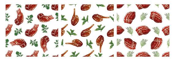 Seamless hand-drawn meat cuts pattern with herbs and spices vector