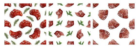 Seamless hand-drawn pattern of meat cuts with fresh herbs vector