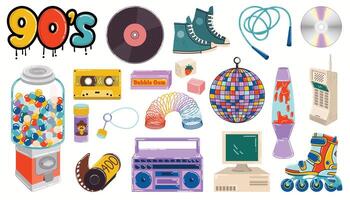 Cartoon retro 90s vibe collection of toys, candies and gadgets. 90s graffiti and boombox, bubble gum machine and retro personal computer. Set of y2k elements in flat style. vector