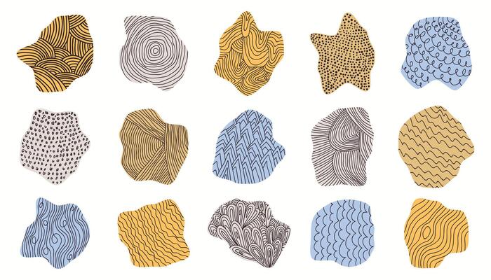 Cute thin line doodle textures. Organic stains with doodle decoration. Sketch uneven round shapes.