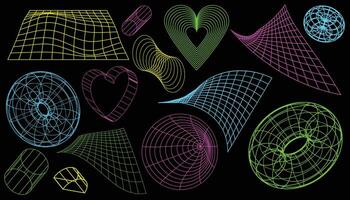 Geometric wireframe shapes and grids collection. Retro abstract neon elements in cyberpunk style. vector