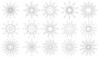 Round vintage sunburst rays collection. Thin line hipster firework or bursting stars design elements set. vector