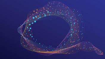 Flowing glowing dots particle, wave frame. Halftone gradient curve round shape isolated on blue background. vector