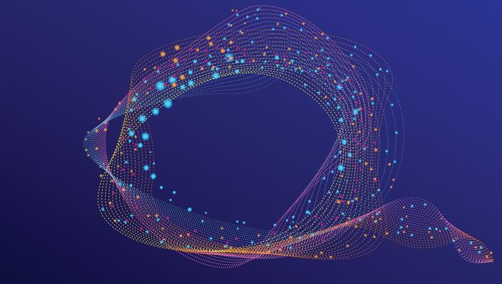 Flowing glowing dots particle, wave frame. Halftone gradient curve round shape isolated on blue background.