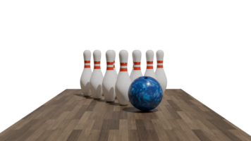 Bowling ball and pins on a wooden floor png