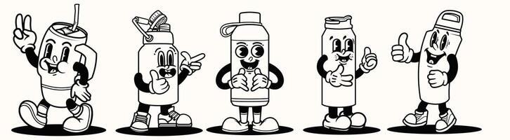 Set of Black and white Vintage mascot in many styles pose outline vector