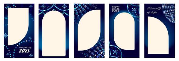 Collection of festive blue backgrounds with light decoration. Place for a photo. Set of frames with sparkling garlands and snowflakes. vector