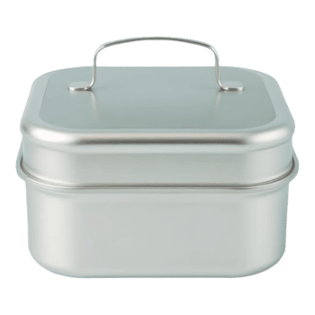 ein glatt, Silber farbig Metall Mittagessen Box mit ein handhaben. png