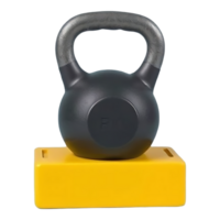 A black kettlebell with a metallic handle rests on a yellow platform. png