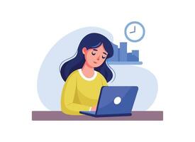 Woman Working on Laptop - Productivity and Focus in a Modern Workspace vector