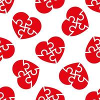 Seamless pattern with heart puzzle isolated on white background. Heart shaped puzzle with four interlocking pieces. Symbol of unity, love, and connection. Simple flat design style. vector