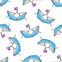 Seamless pattern with origami boat and crane, continuous one line art hand drawing. Marine background with thin line icons. Template for design banners, postcard, packaging or wrapping paper. vector