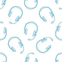 Seamless pattern with blue headphones. Image of headset or earphones isolated on a white background. Concept for listening to music, service, communication, call center and operator. vector