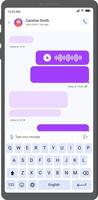 Smartphone displaying a chat conversation with audio message, text bubbles, and a virtual keyboard for typing, illustrating modern mobile communication vector