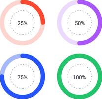 Four colorful circle diagrams are showing completion percentages from 25 to 100 percent, useful for visually representing progress or data in presentations or reports vector