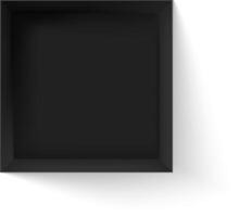 Open black square box mockup casting shadow on white background, empty cube package, pizza packaging mockup, dark paper gift box realistic 3d illustration vector