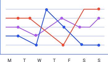 Intersecting colorful lines trending up and down across a graph illustrate weekly progress from monday to sunday, capturing fluctuations in performance over time vector