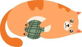 Adorable, playful orange cat lies on its back, embracing a green ball of yarn with its paws, creating a heartwarming and whimsical scene vector