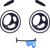 Funny cartoon face with big, round eyes, small eyebrows, a smiling mouth, and drool dripping down its chin expresses extreme hunger in this illustration vector