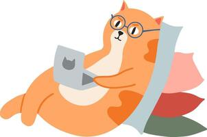 Relaxed ginger cat wearing round glasses and working from home, comfortably lying on pillows and using a laptop, depicting a cozy and productive work from home setup vector