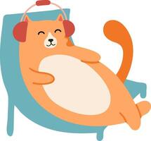 Cartoon ginger cat wearing headphones is relaxing and enjoying music while lying on a comfortable chaise lounge, creating a cozy and playful scene vector