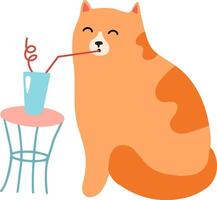 Cartoon illustration of a cute orange cat enjoying a refreshing drink through a red straw, sitting next to a small table with a glass on it, conveying a sense of relaxation and amusement vector