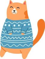 Cheerful orange cat stands while wearing a cozy blue sweater with white patterns, its contented smile adding to the charming winter scene vector