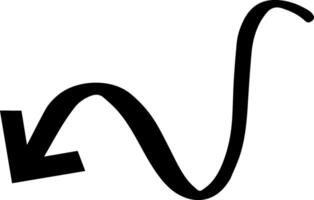 Black arrow pointing down and left with a wavy line, creating a hand drawn effect, perfect for highlighting directions or adding a touch of whimsy to designs vector