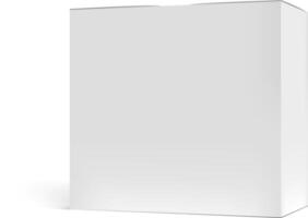 Realistic white cardboard box packaging mockup stands on a white background, providing a clean and professional template for showcasing product designs vector