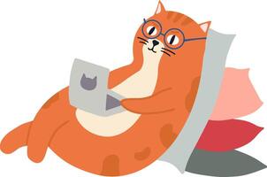 Relaxed ginger cat wearing round glasses and working from home, lying on pillows and using laptop with cat sticker, depicting comfortable and humorous freelance or remote work concept vector
