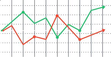 Two lines are representing increasing and declining trends over a grid background, symbolizing market analysis, financial performance, or business progress vector