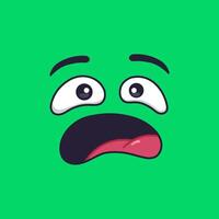 Cartoon face expressing fear and surprise with wide open eyes and mouth, and tongue sticking out, conveying a strong emotion against a vibrant green backdrop vector