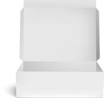 Realistic white rectangular cardboard box mockup is open, presenting empty space for products or gifts, creating a clean template for showcasing items vector