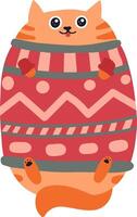 Funny cartoon illustration featuring a chubby ginger cat wearing a vibrant red christmas sweater adorned with playful geometric patterns, proudly displaying its paws and tail vector