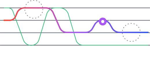 Colorful line graphs fluctuating over a grid represent business performance, data analysis, and market trends, with highlighted points indicating key moments or significant changes vector