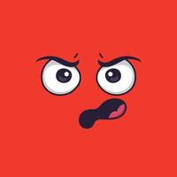 Cartoon angry face displaying negative emotions with furrowed eyebrows, wide open eyes, and a partially open mouth revealing a tongue against a vibrant red background vector